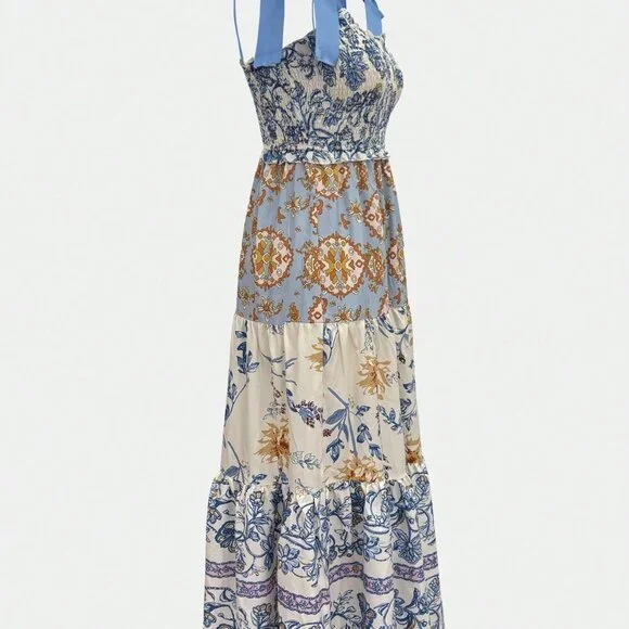 Multicolor Casual Women's Floral Print Lace-Up Spaghetti Strap Pleated Dress - Picture 5 of 6